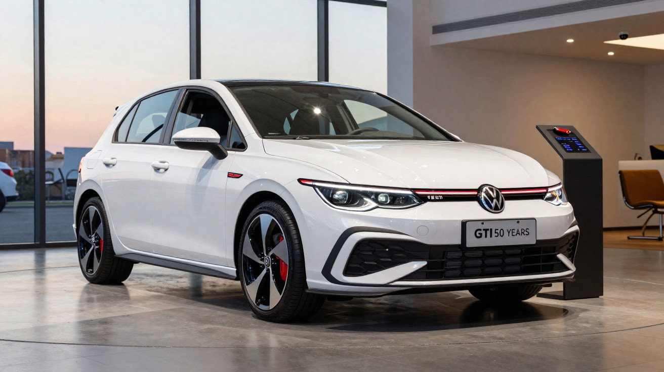 Voiture Volkswagen Golf GTI blanche exposée en showroom célébrant 50 ans du modèle GTI.