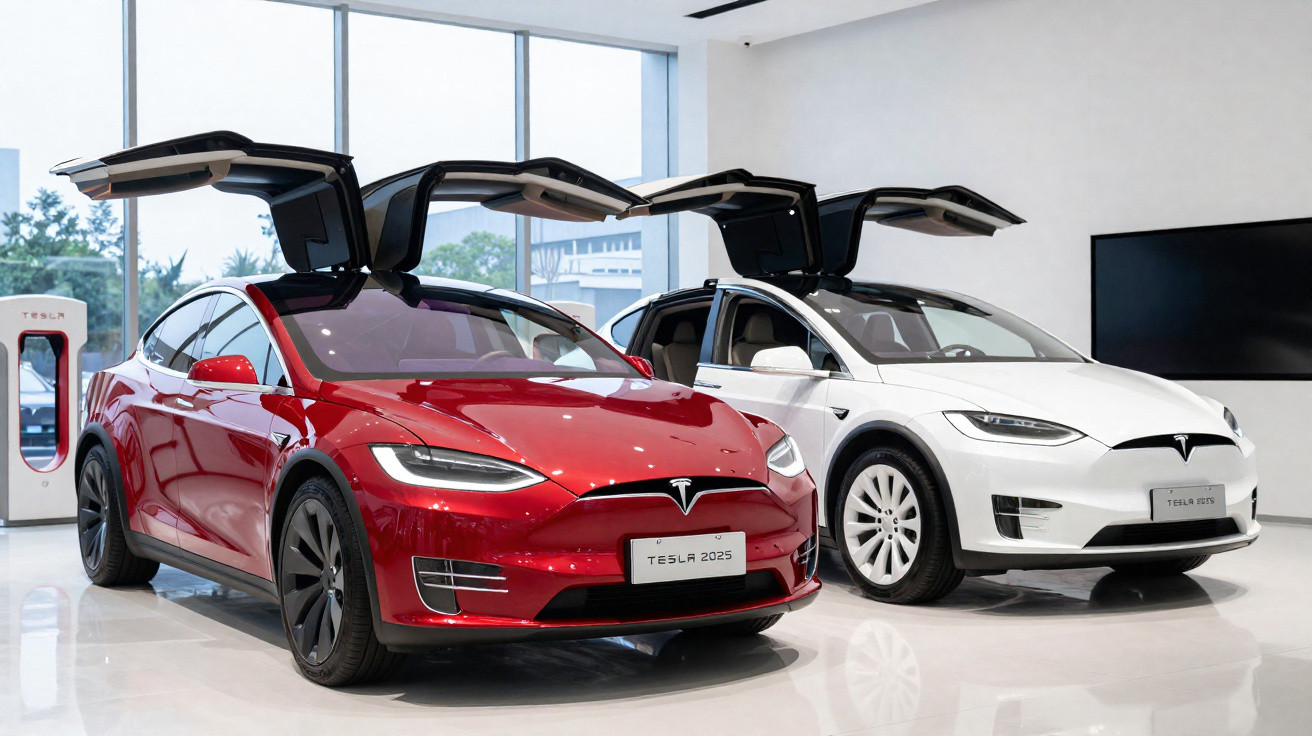 Deux voitures Tesla Model X, rouge et blanche, portes papillon ouvertes dans un showroom lumineux.