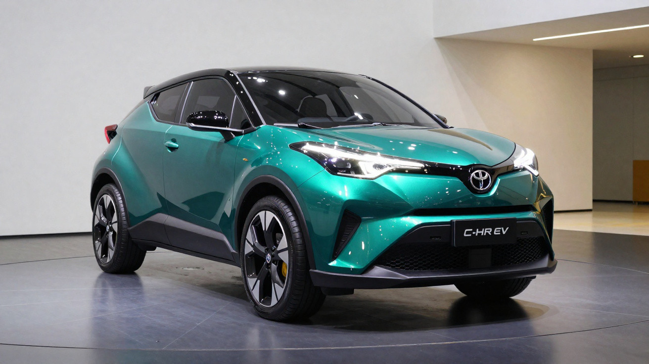 Voiture électrique Toyota C-HR EV verte exposée dans une salle d'exposition moderne avec éclairage blanc.