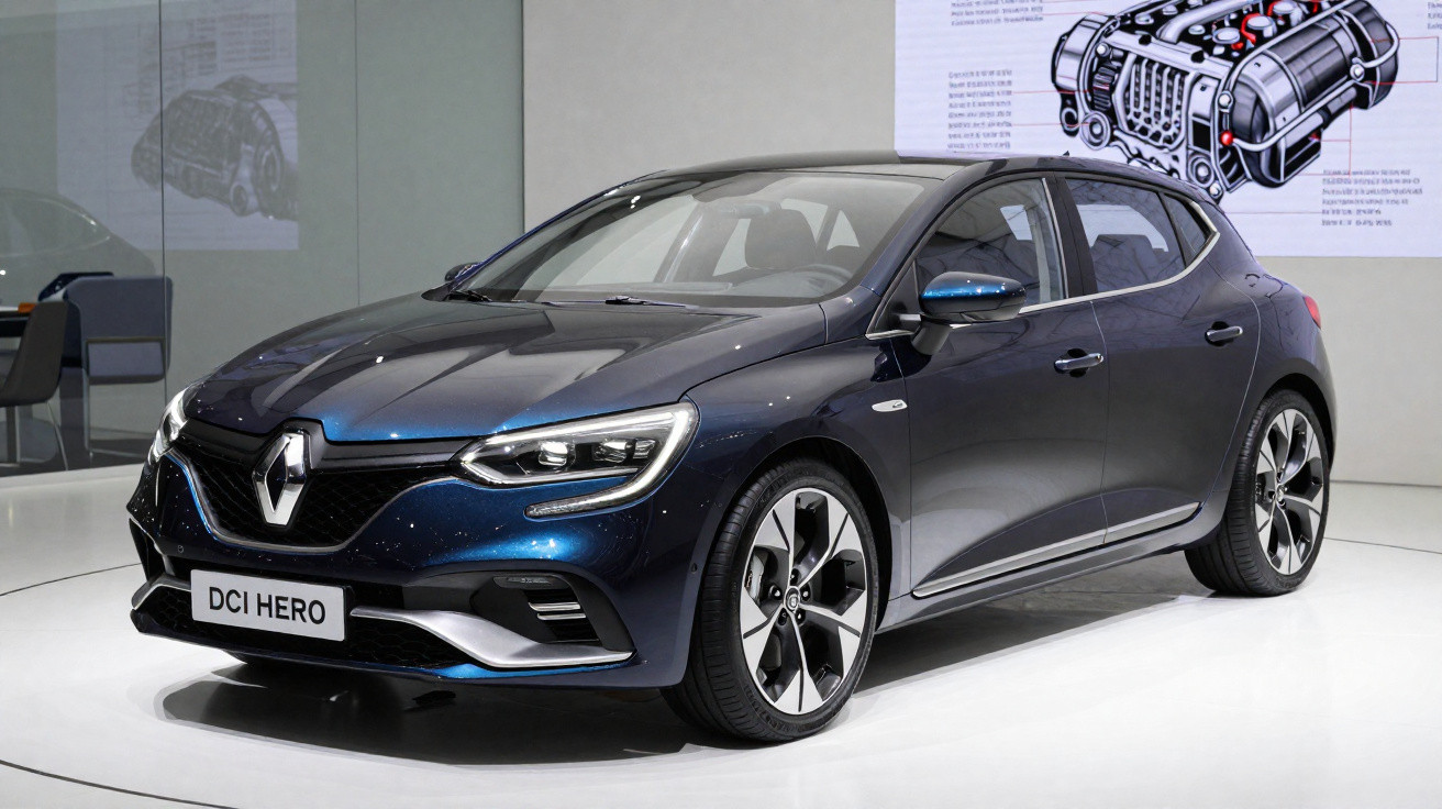 Voiture compacte Renault DCI HERO bleue métallisée exposée en intérieur avec dessins techniques en arrière-plan.