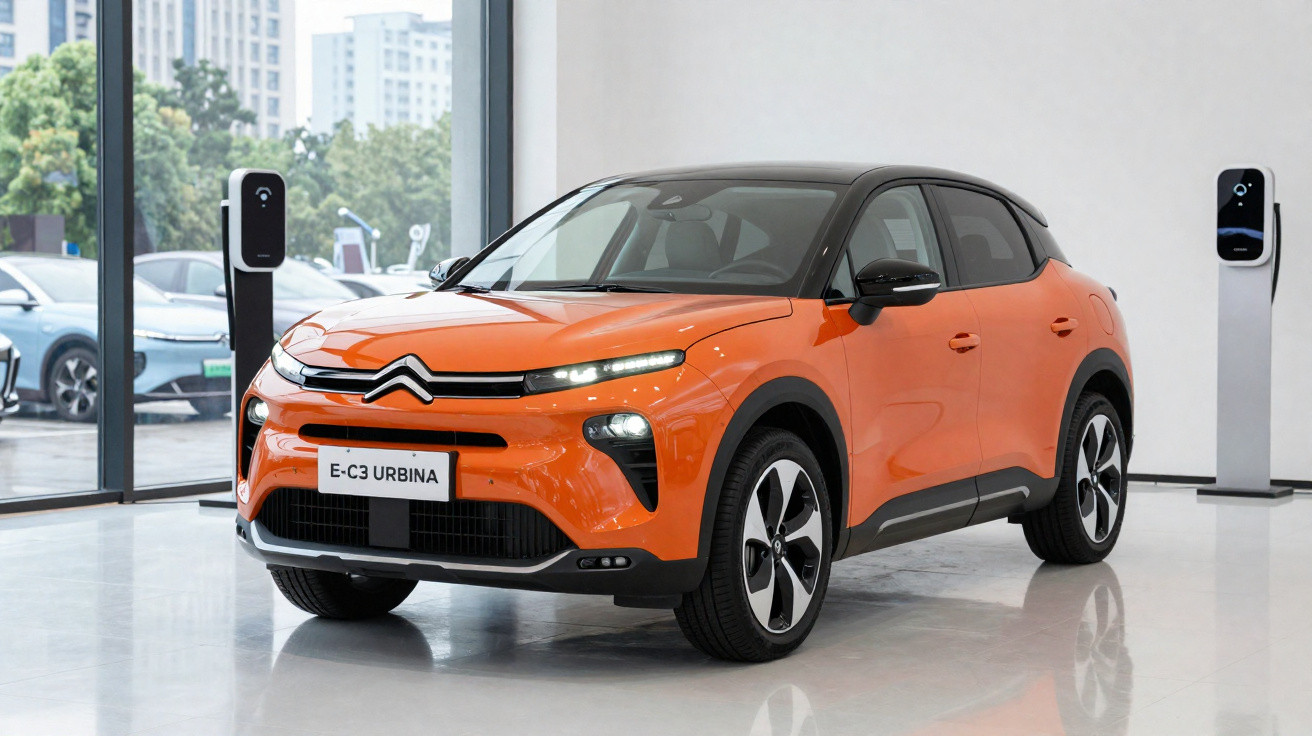 Voiture électrique Citroën E-C3 Urbina orange avec toit noir exposée en intérieur près de bornes de recharge.