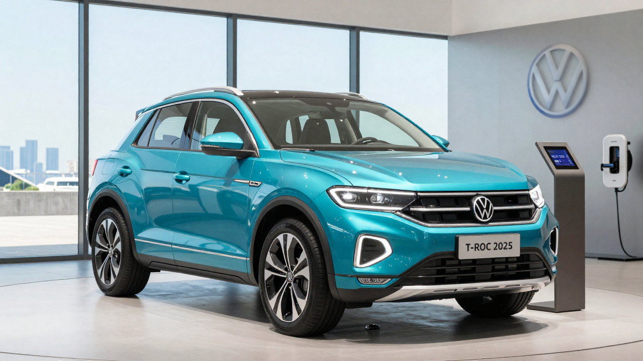 SUV Volkswagen T-Roc 2025 bleu exposé dans un showroom moderne avec borne de recharge électrique.