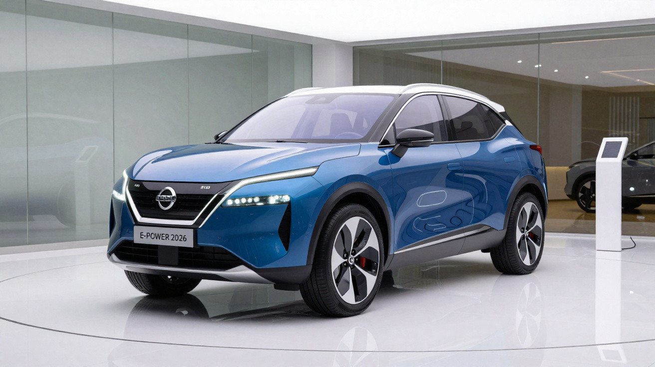 Véhicule électrique Nissan E-Power 2026 bleu, design moderne, exposé dans un showroom lumineux.