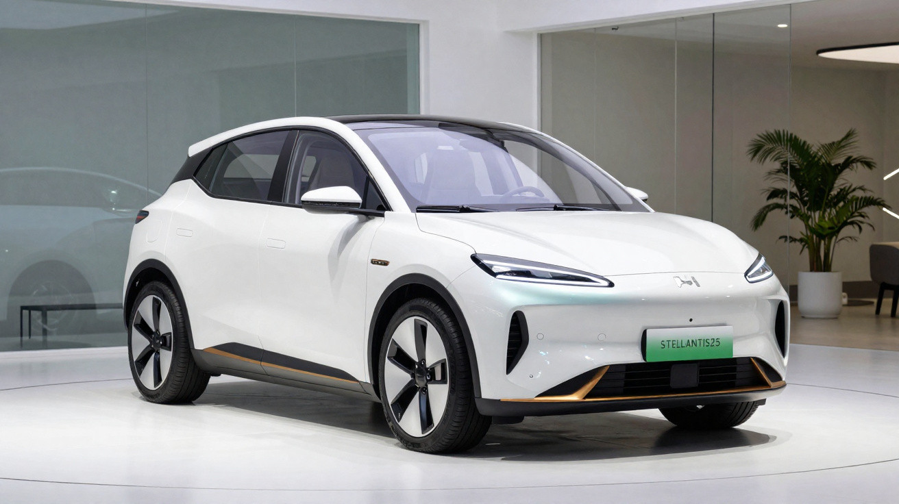 Voiture électrique compacte blanche Stellantis25 exposée dans un showroom moderne et lumineux.