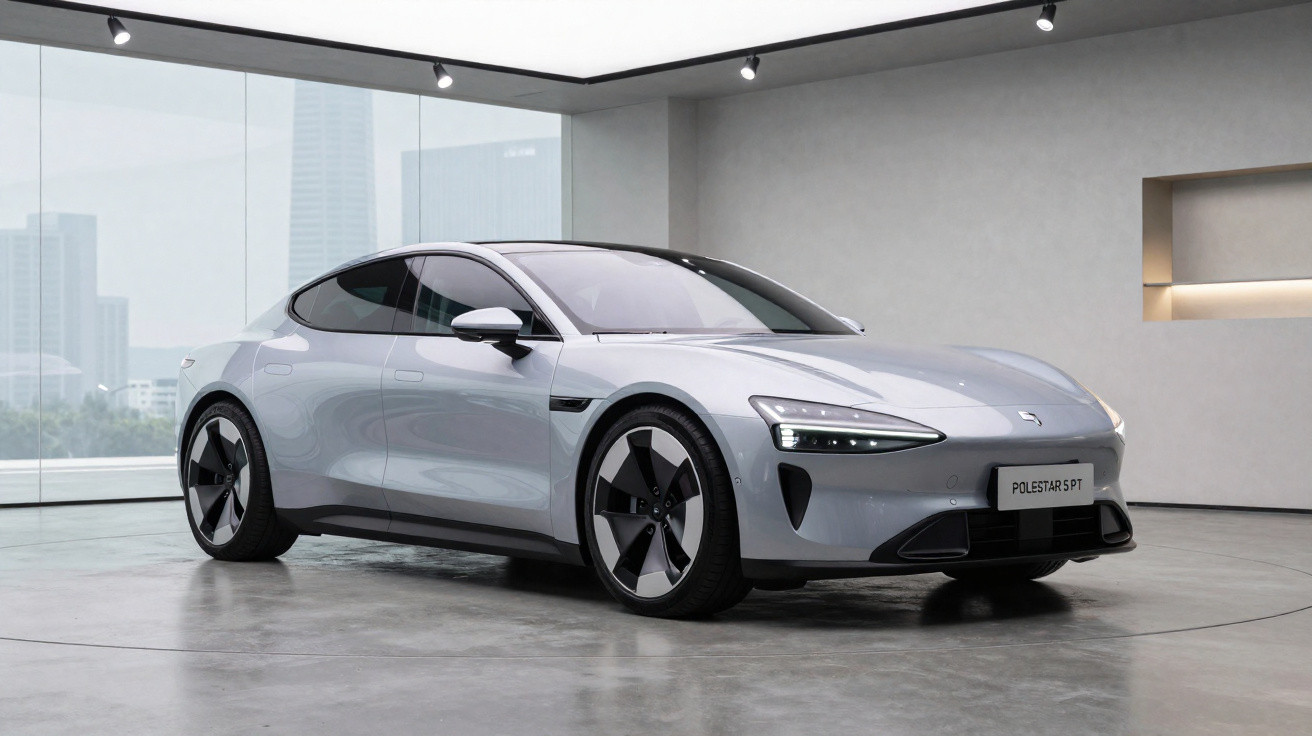 Voiture électrique grise Polestar 5 exposée dans un showroom moderne avec grandes baies vitrées.