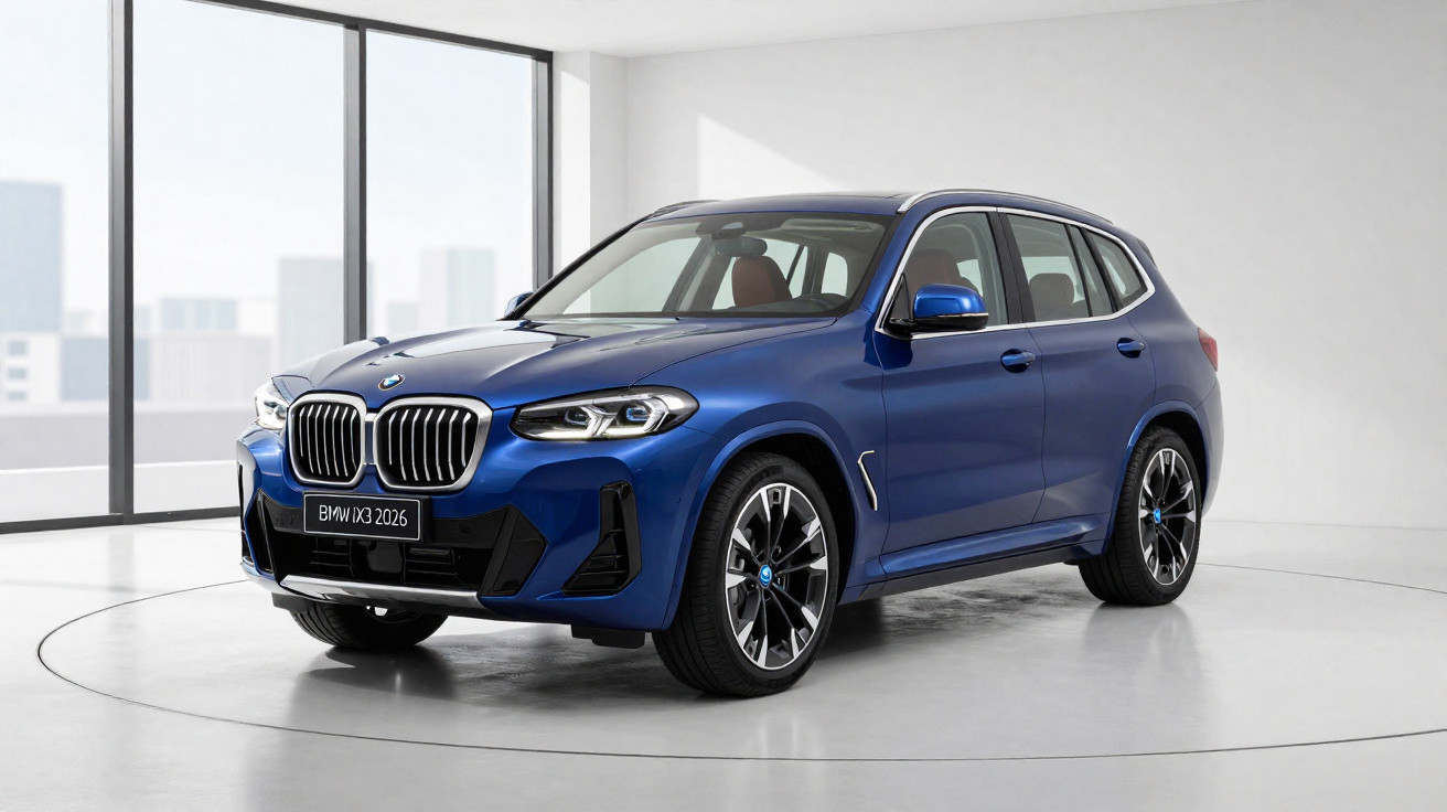 SUV BMW iX3 2026 bleu métallisé présenté dans un showroom lumineux avec grandes baies vitrées.