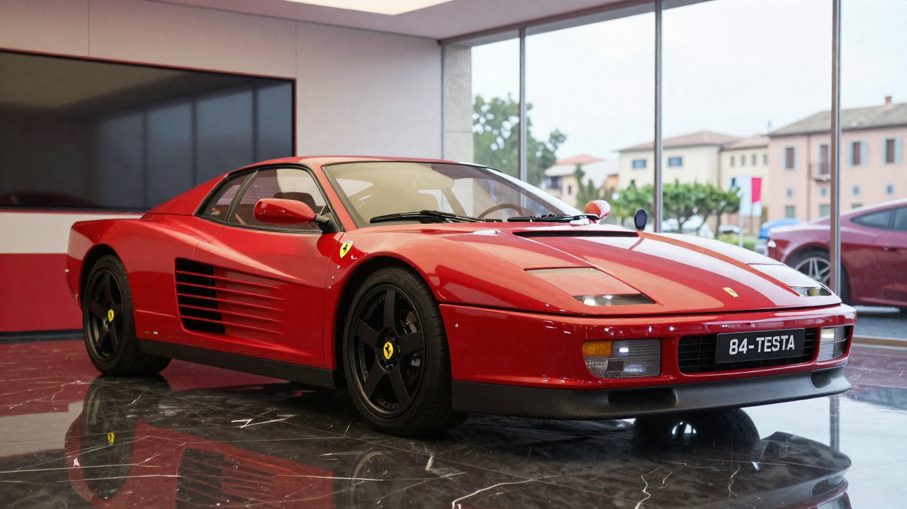 Voiture de sport Ferrari rouge affichée dans un showroom avec sol en marbre et grandes fenêtres.