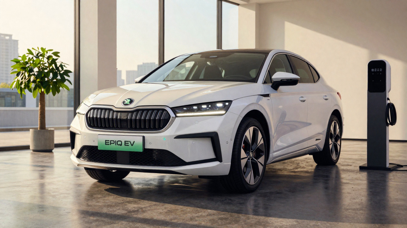 Voiture électrique blanche Škoda EPIQ EV en pleine charge dans un espace lumineux moderne.