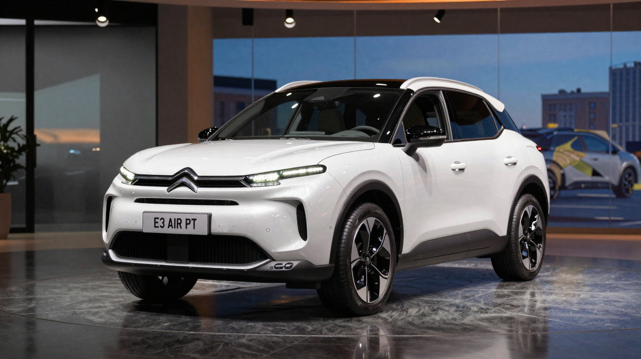SUV Citroën blanc posé en intérieur avec phares allumés et jantes noires brillantes.