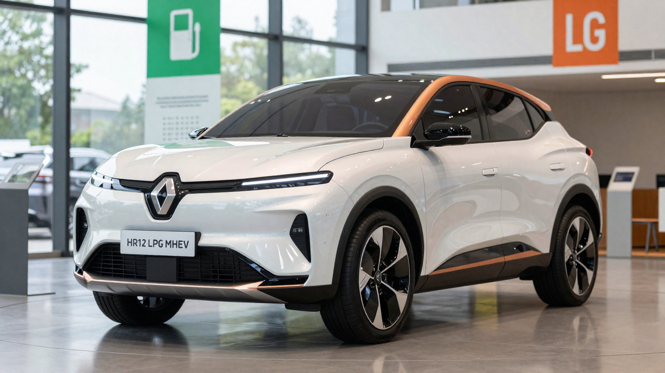 Voiture Renault électrique blanche avec détails orange exposée dans un showroom moderne et lumineux.