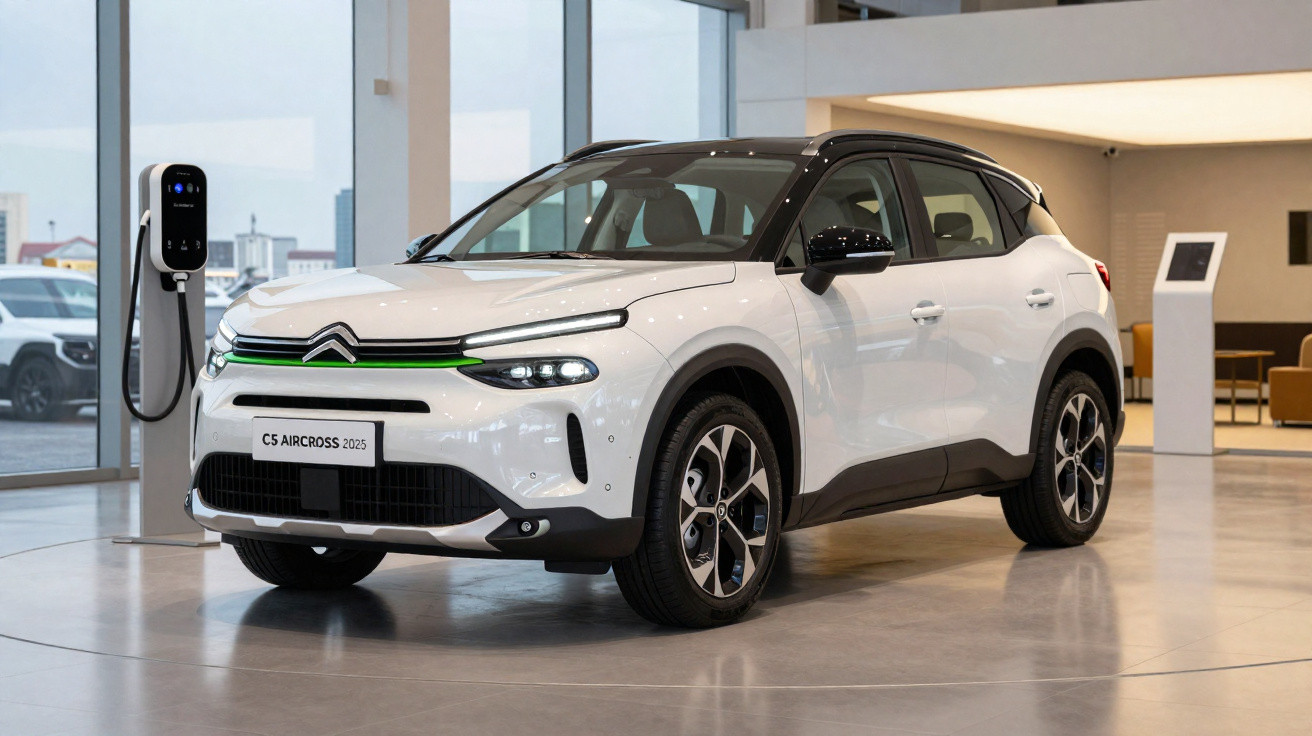 Voiture électrique Citroën C5 Aircross 2023 blanche chargée dans un showroom moderne avec vitres panoramiques.