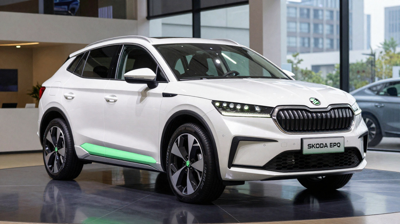 Voiture électrique Skoda Enyaq Coupé iV blanche exposée en intérieur avec détails verts sur les côtés.
