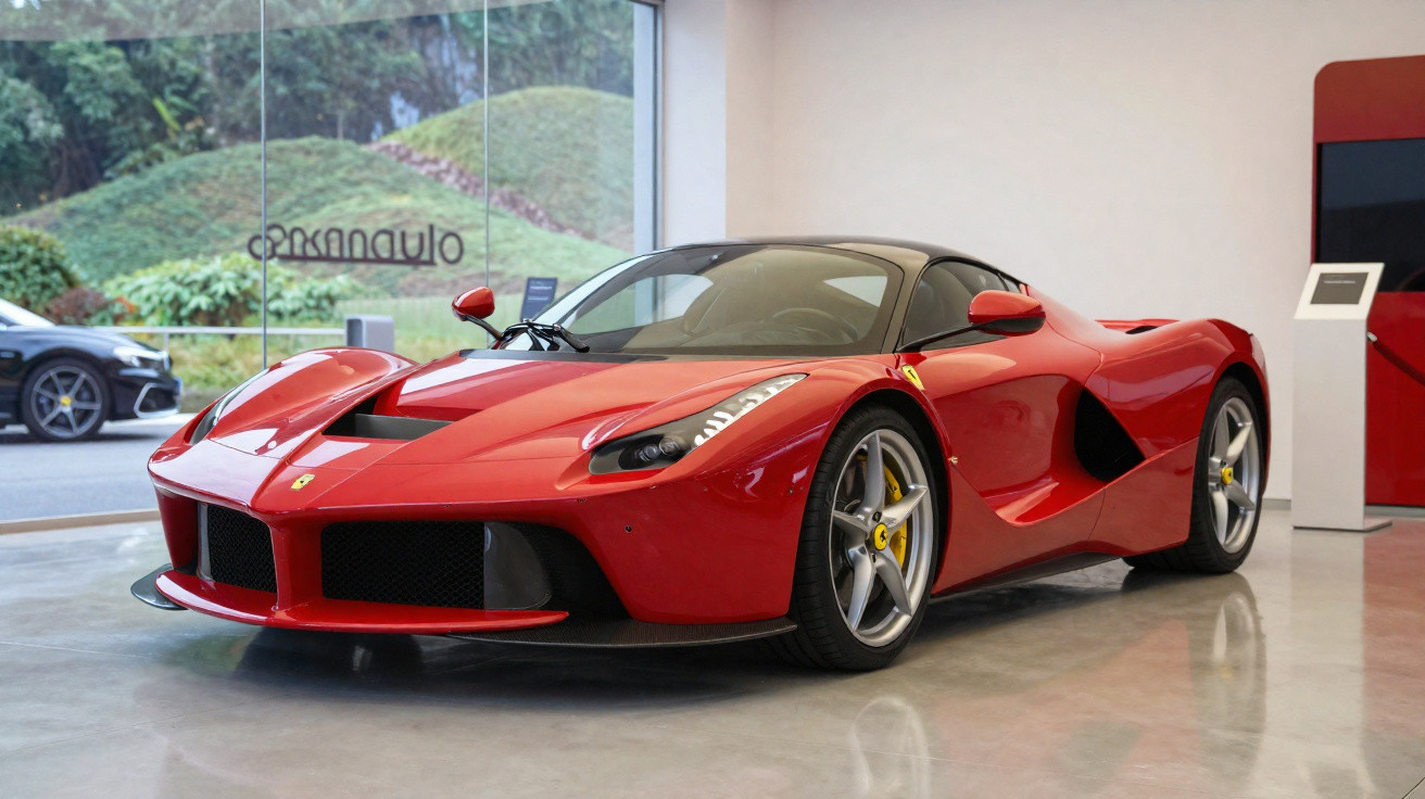 Voiture de sport rouge Ferrari LaFerrari exposée dans un showroom moderne avec sol brillant.