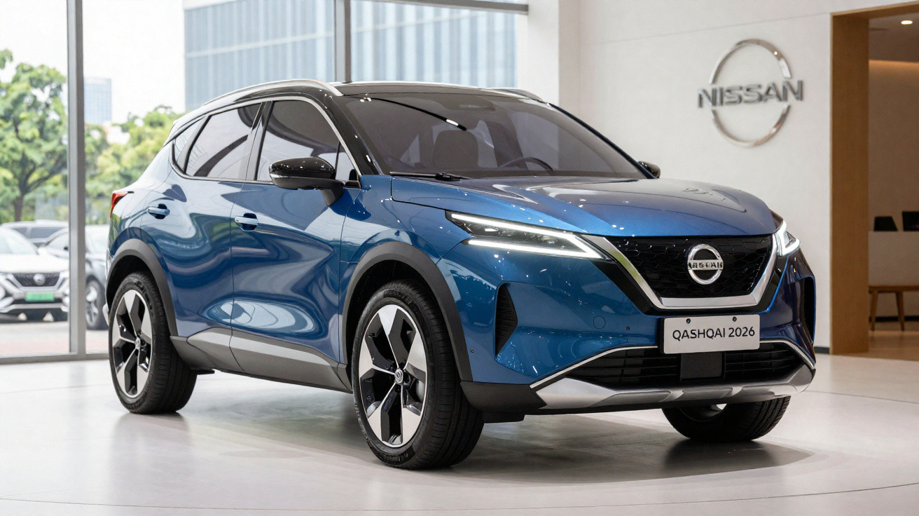 Véhicule Nissan Qashqai 2026 bleu métallisé présenté dans un showroom moderne avec logo Nissan en arrière-plan.
