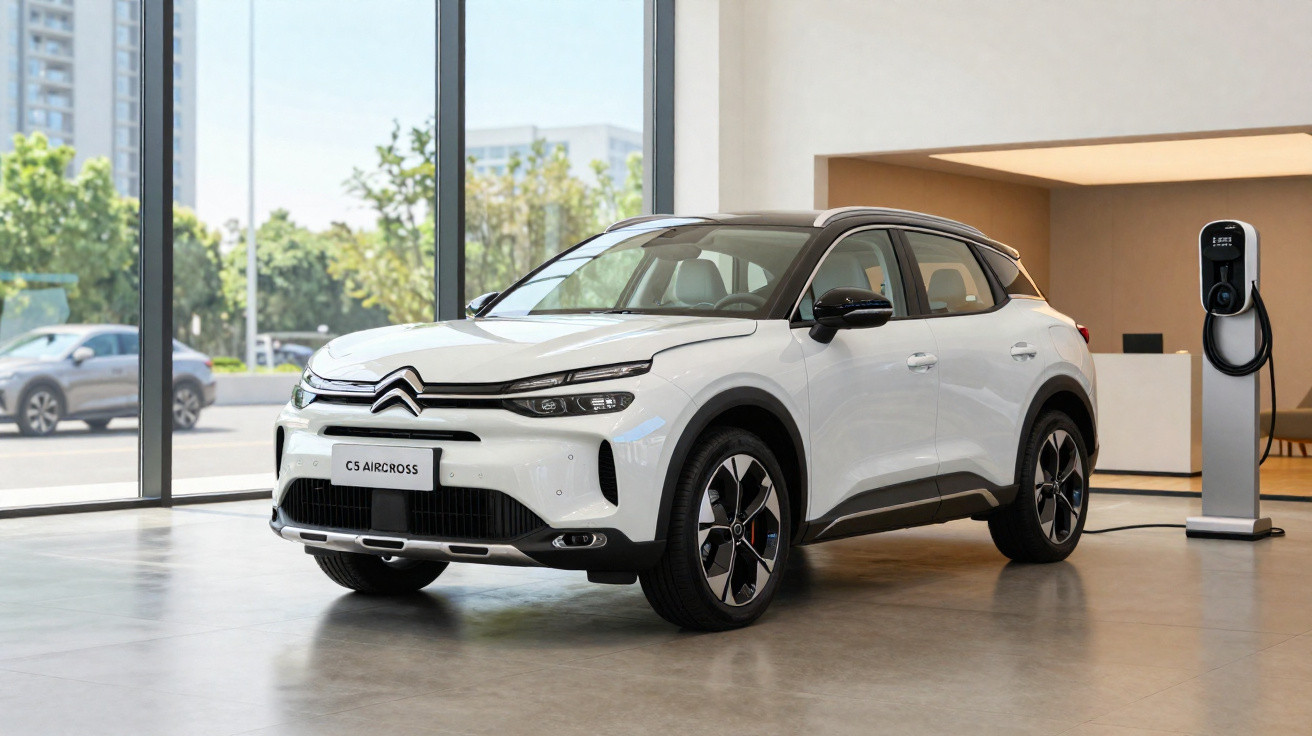 Voiture électrique Citroën C5 Aircross blanche en charge dans un showroom moderne lumineux.