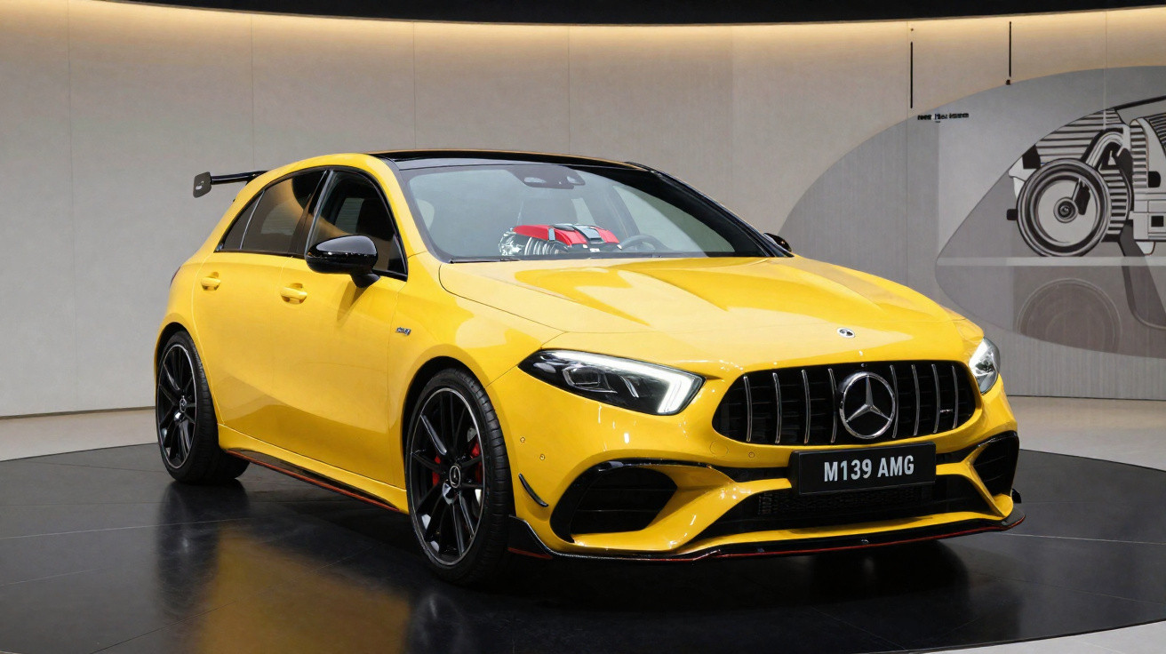 Voiture sportive Mercedes-Benz AMG jaune avec jantes noires exposée dans un showroom moderne.