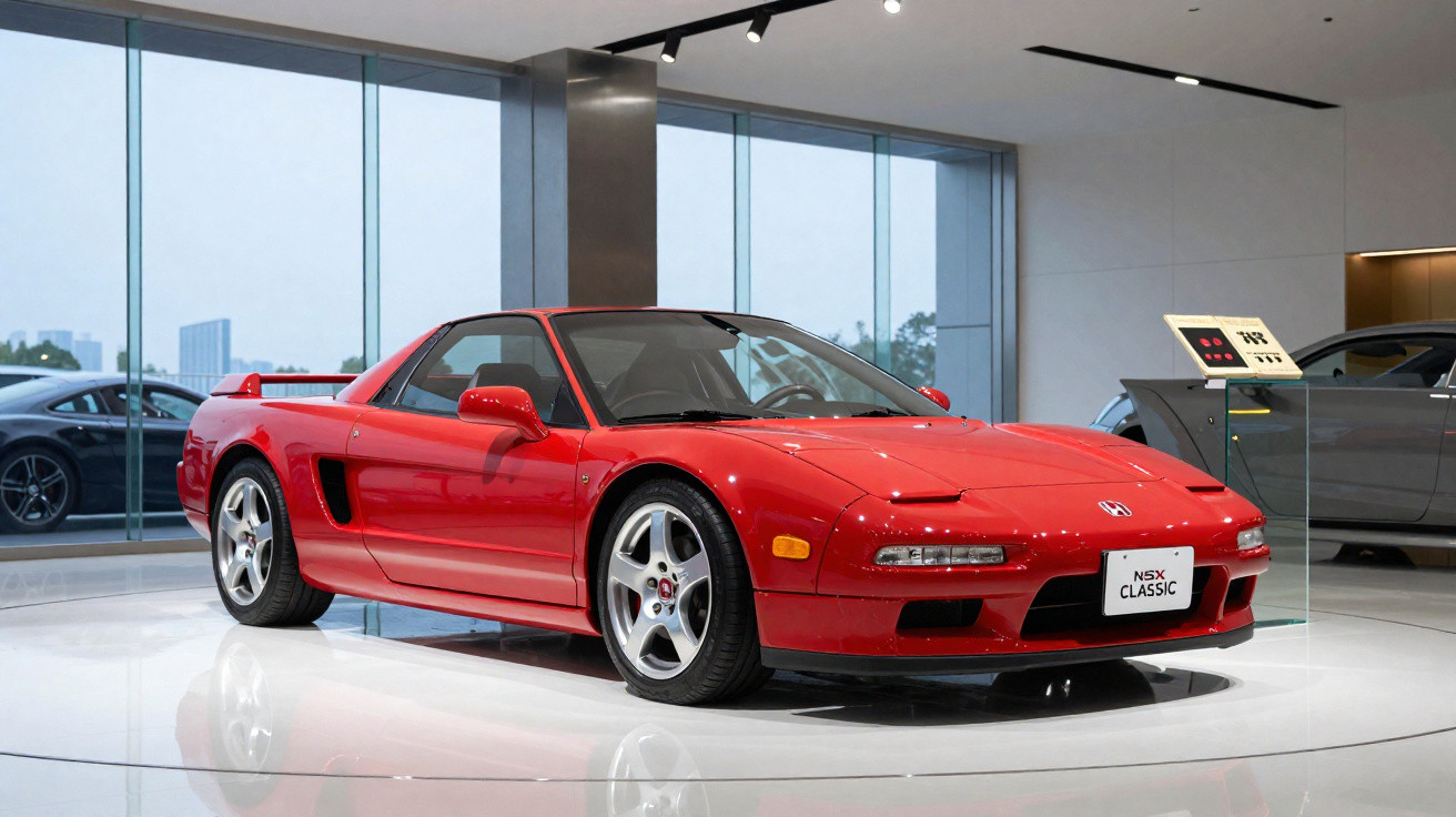Voiture de sport rouge Honda NSX Classic exposée dans un showroom moderne avec grandes baies vitrées.