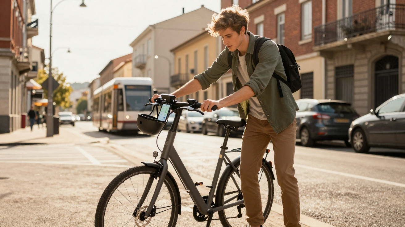 Jeune homme avec sac à dos poussant un vélo électrique dans une rue urbaine ensoleillée.