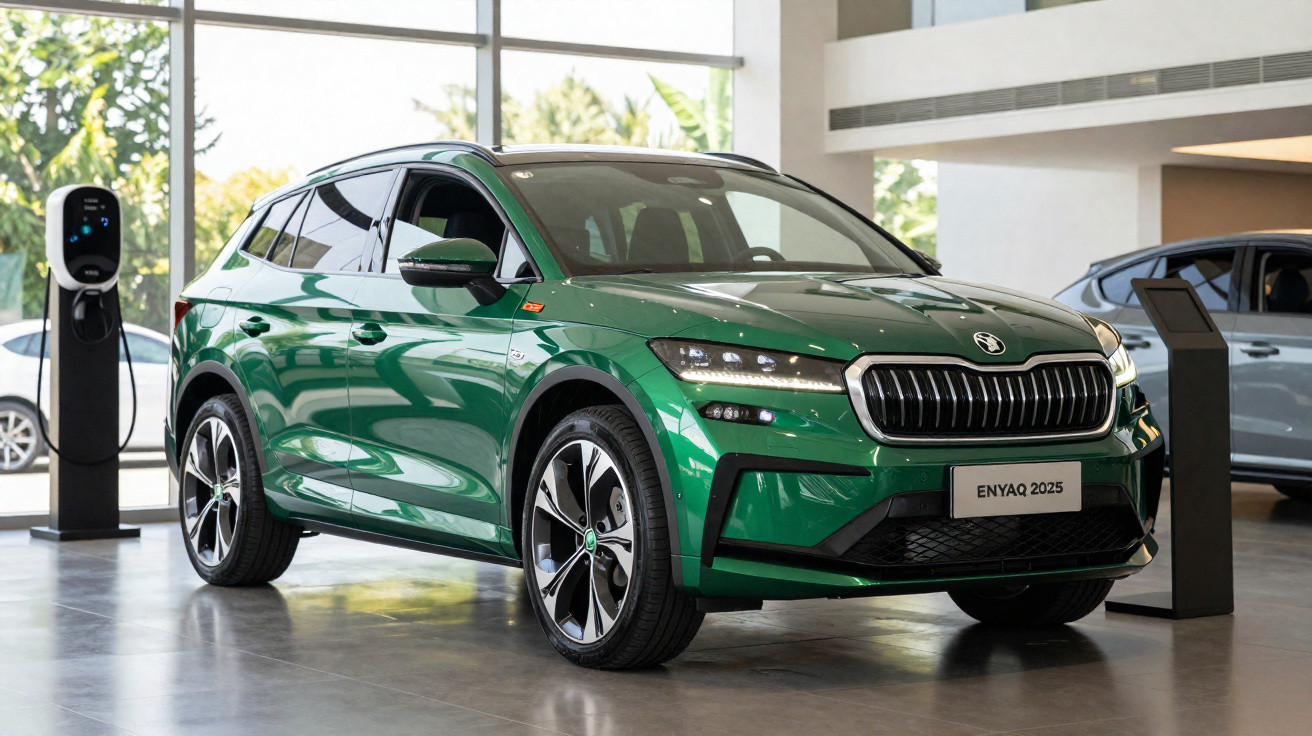SUV électrique vert Škoda Enyaq 2025 exposé dans un showroom moderne avec borne de recharge visible.
