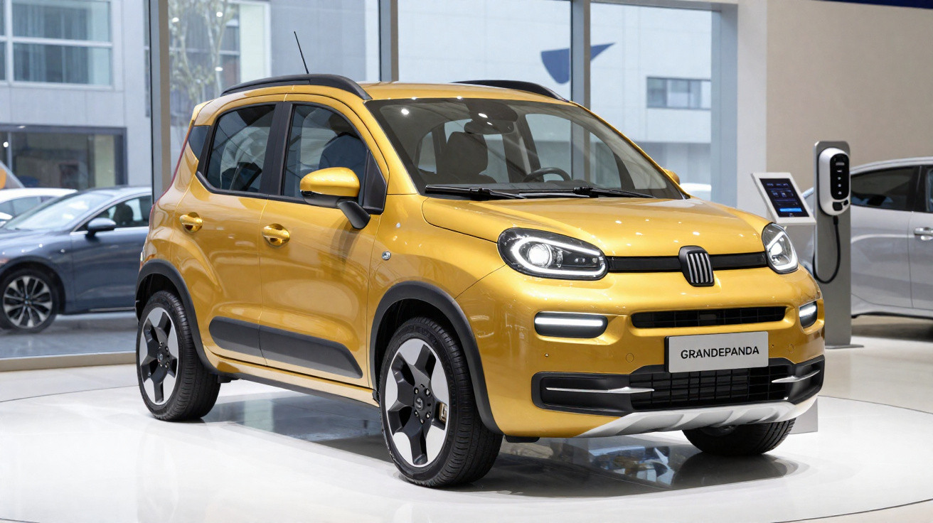 Voiture compacte jaune Fiat Panda exposée en intérieur avec borne de recharge électrique à côté.