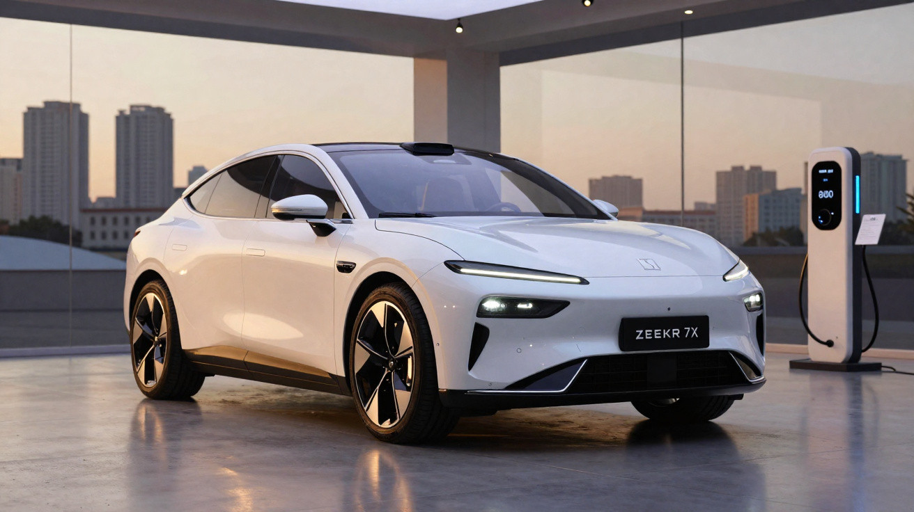 Voiture électrique blanche Zeekr 7X en charge dans un espace intérieur moderne au coucher du soleil.