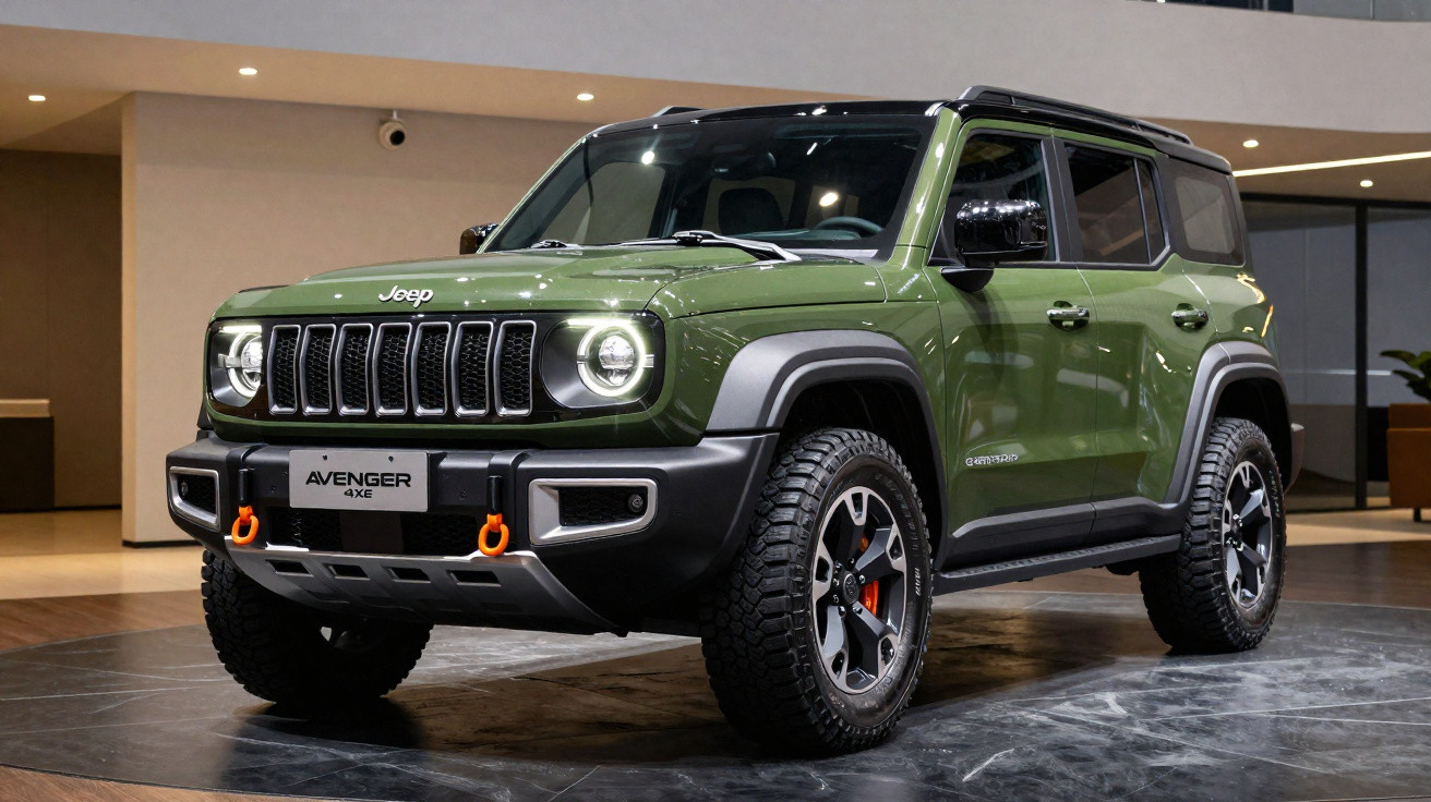 Jeep Avenger 4xe vert armée exposée en intérieur avec phares allumés et roues tout-terrain.