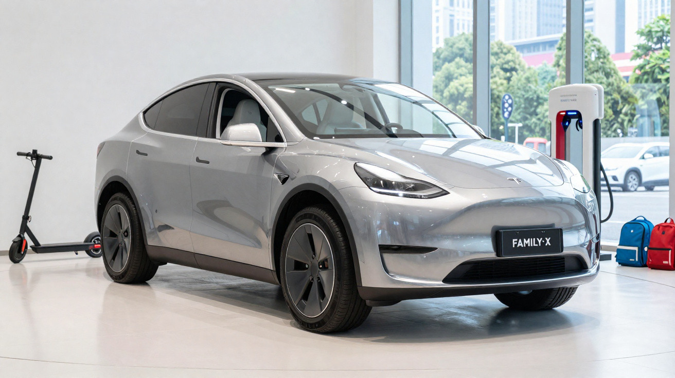 Voiture électrique grise Tesla Model Y garée près d'une borne de recharge en intérieur, avec une trottinette électrique.