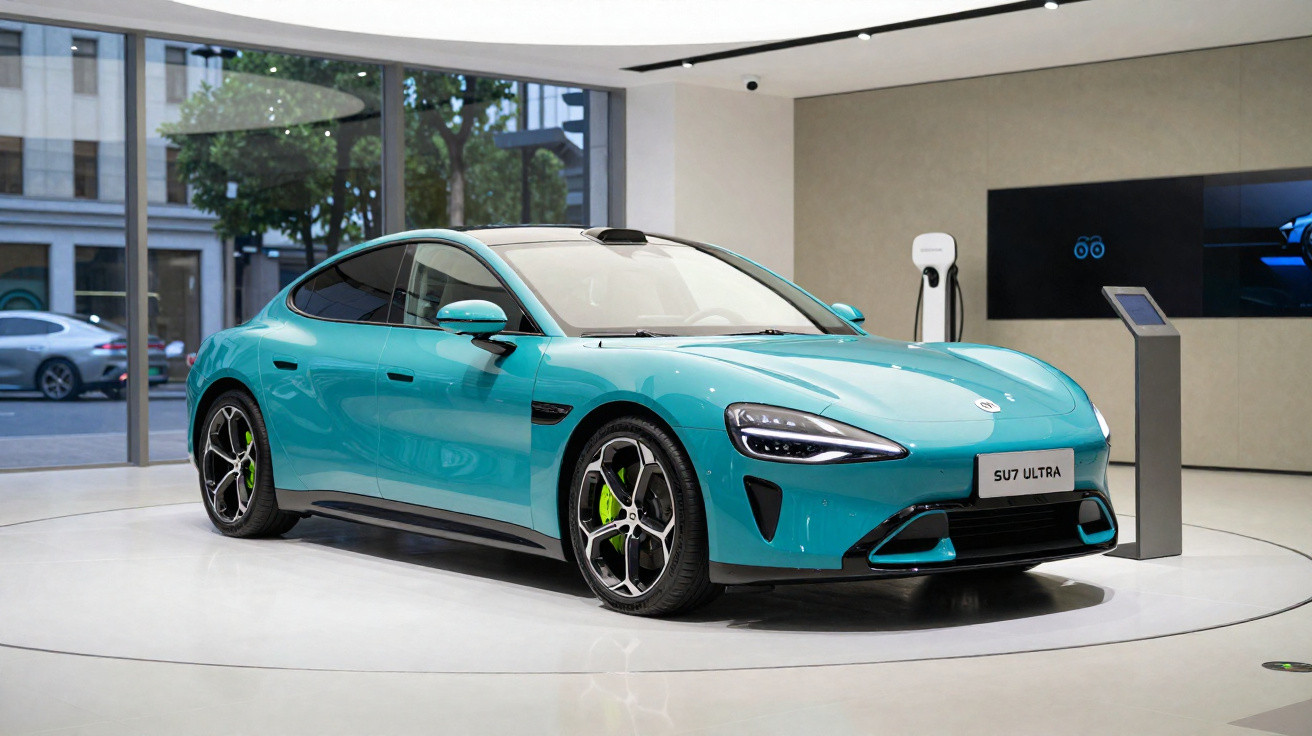 Voiture électrique turquoise SU7 Ultra exposée en showroom moderne avec borne de recharge visible.