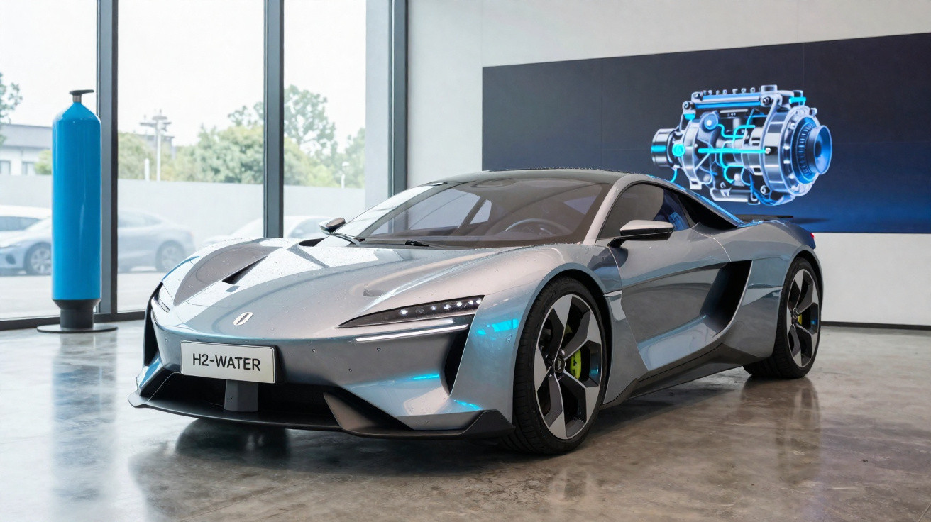 Voiture sportive grise H2-WATER exposée en intérieur avec moteur et bouteille d'hydrogène visibles en arrière-plan.