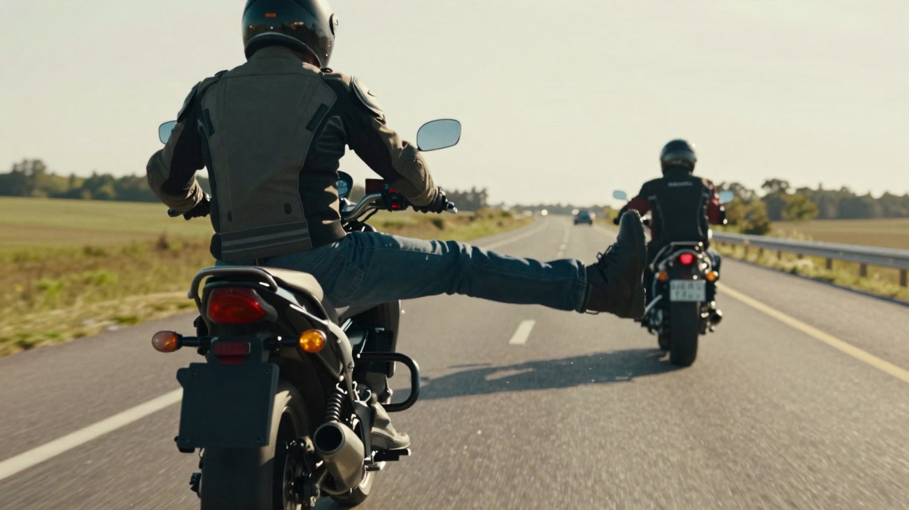 Deux motards en équipement roulant sur une route de campagne, l'un levant la jambe droite.