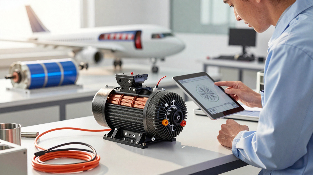 Un ingénieur analyse un moteur électrique sur tablette dans un laboratoire avec un avion miniature en arrière-plan.