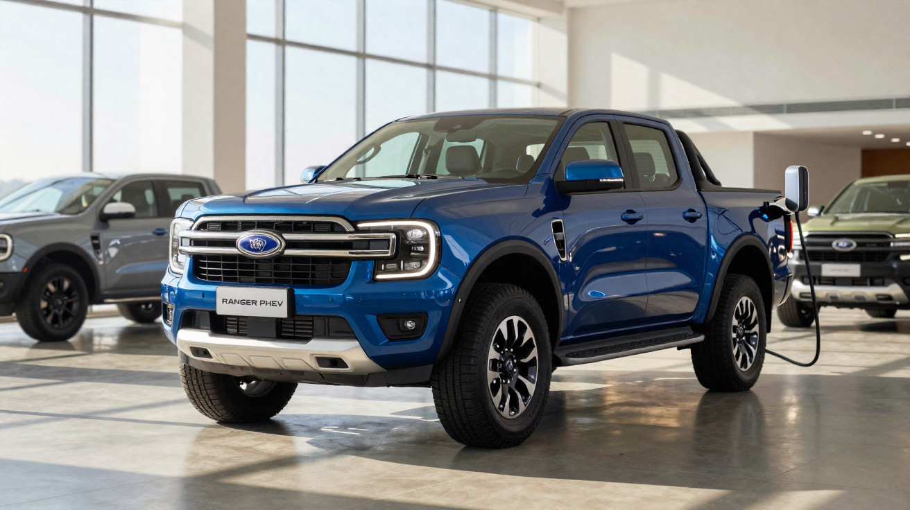 Pick-up Ford Ranger PHEV bleu en charge dans une concession lumineuse avec des véhicules exposés autour.