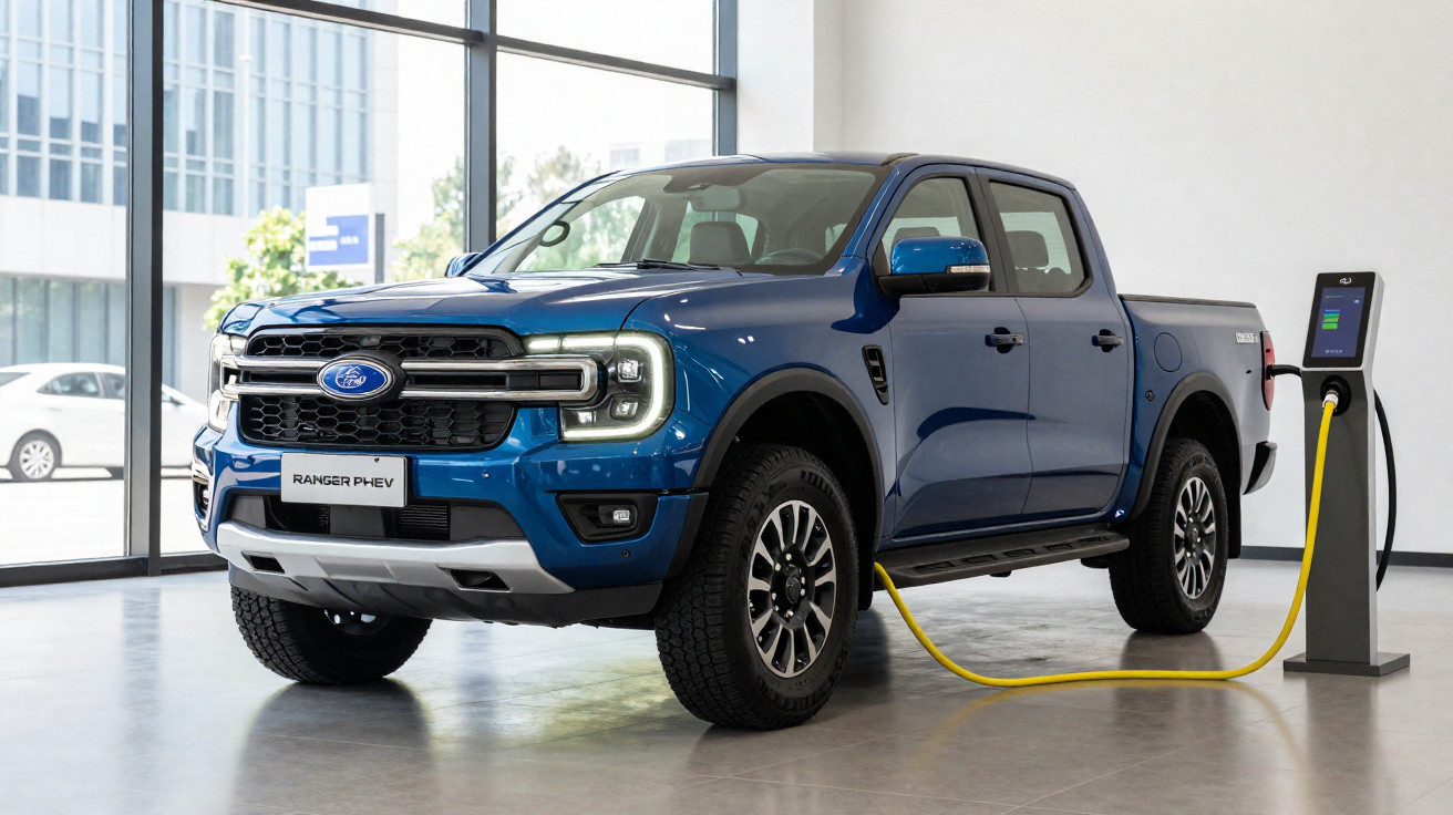 Pick-up Ford Ranger PHEV bleu en charge électrique dans un showroom moderne.