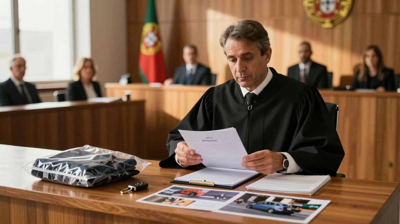 Un juge en robe noire lit des documents dans une salle d'audience avec des personnes en arrière-plan.