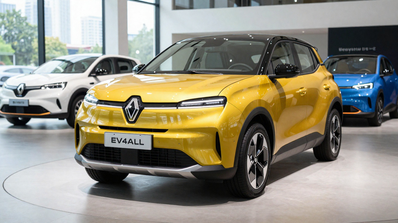 Voiture électrique Renault EV4ALL jaune exposée en showroom avec deux autres véhicules en arrière-plan.