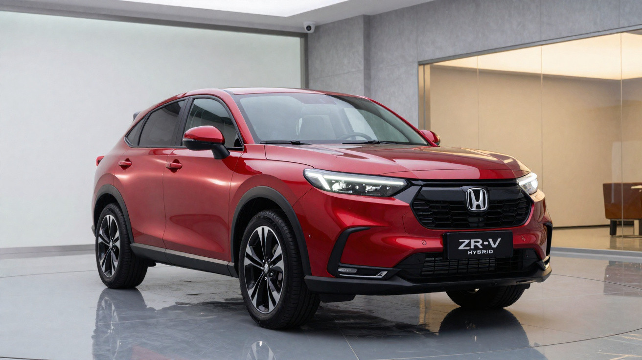 Voiture rouge Honda ZR-V hybride garée dans un showroom moderne avec sol brillant.