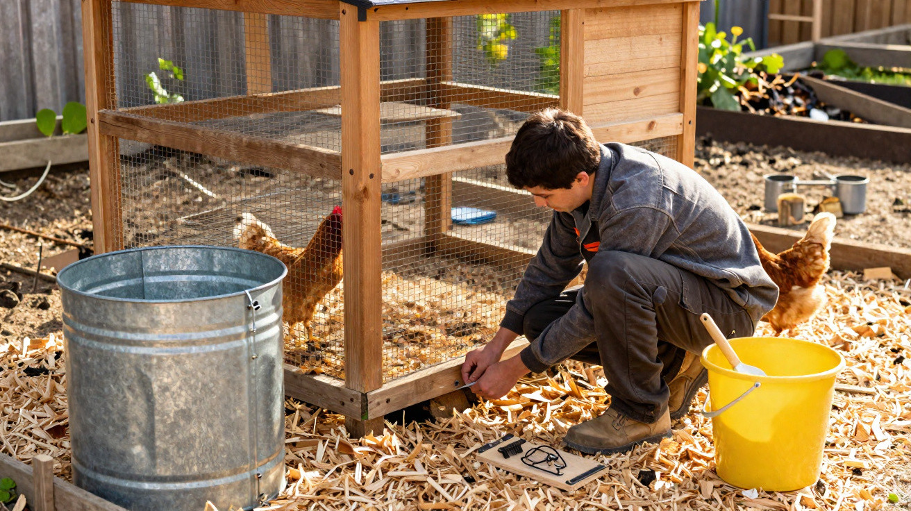 Un garçon nourrit des poules près d'un poulailler en bois dans un jardin avec un seau jaune et une poubelle métallique.