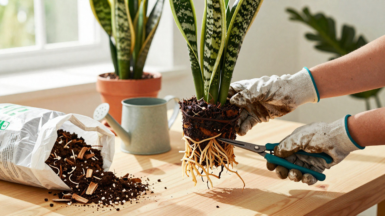 Personne avec gants coupant les racines d'une plante en pot sur une table avec terre et arrosoir.