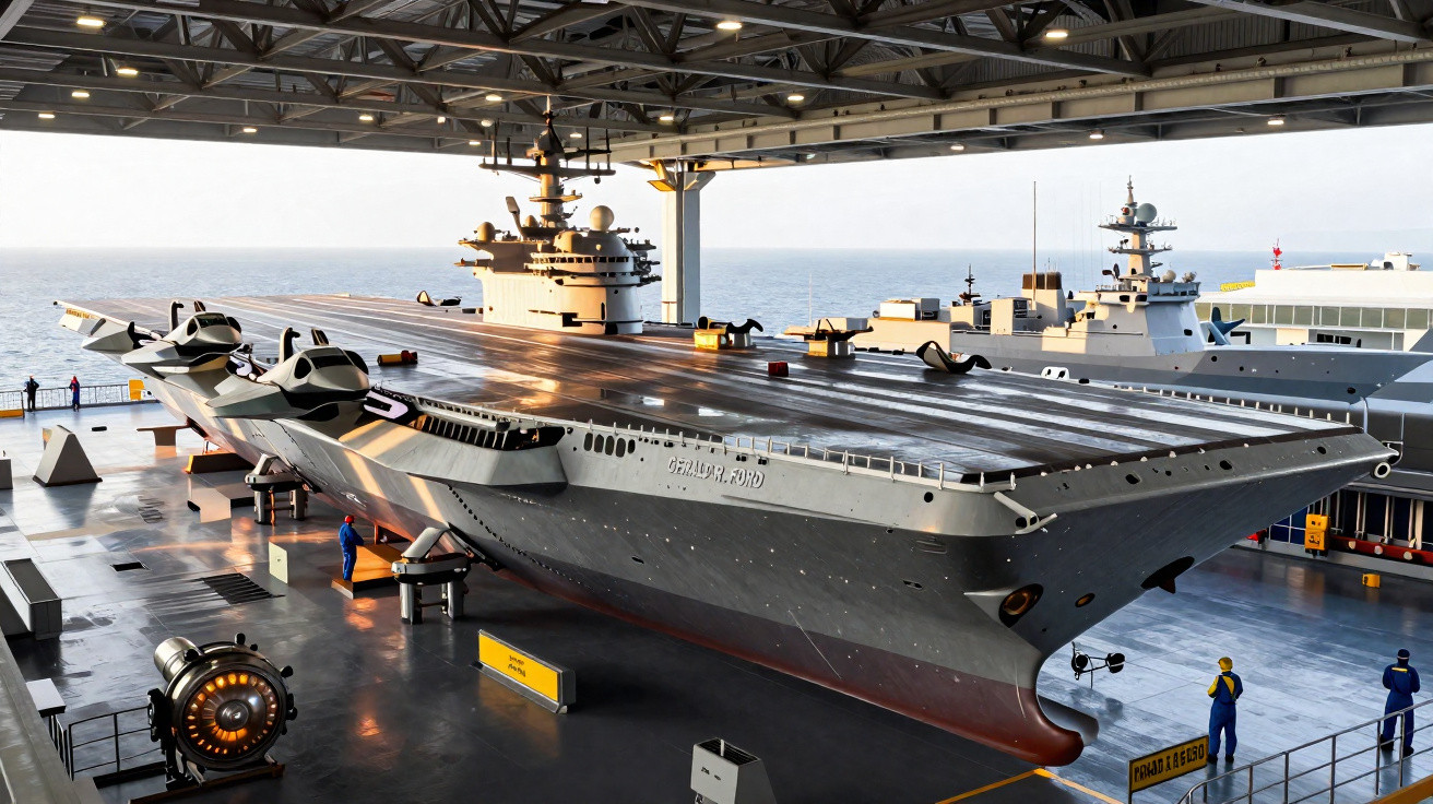 Maquette du porte-avions Charles de Gaulle dans un hangar avec plusieurs personnes autour.