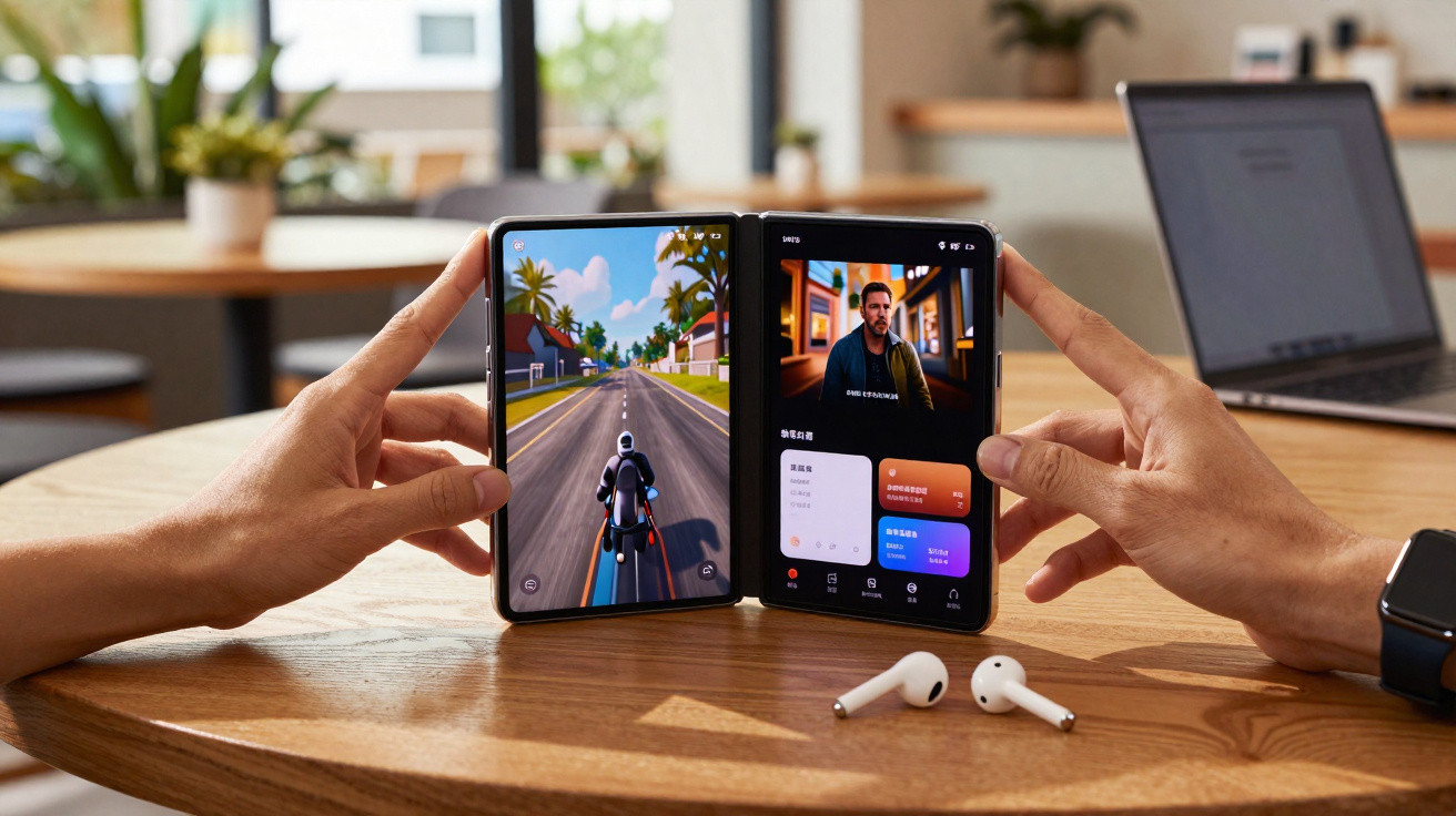 Personne tenant un smartphone pliable affichant un jeu de moto et une application, avec des écouteurs sans fil posés sur une 