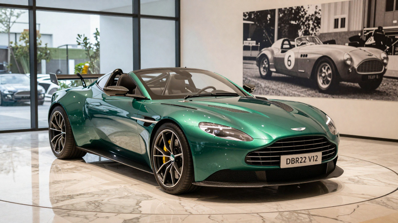 Voiture de sport décapotable Aston Martin verte exposée dans une salle avec photo vintage en arrière-plan.