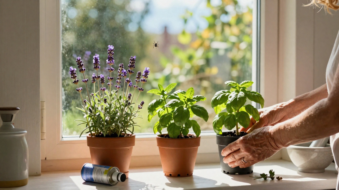 Une personne prend soin de plantes aromatiques sur le rebord d'une fenêtre ensoleillée.