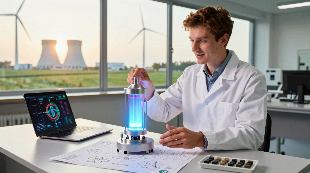 Chercheur en blouse blanche manipulant un réacteur nucléaire miniature dans un laboratoire avec une centrale nucléaire en arr