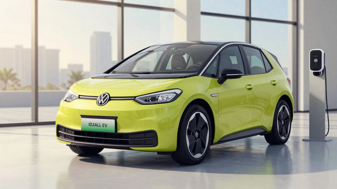 Voiture électrique Volkswagen ID.2ALL EV verte brillante chargée dans un espace lumineux et moderne.
