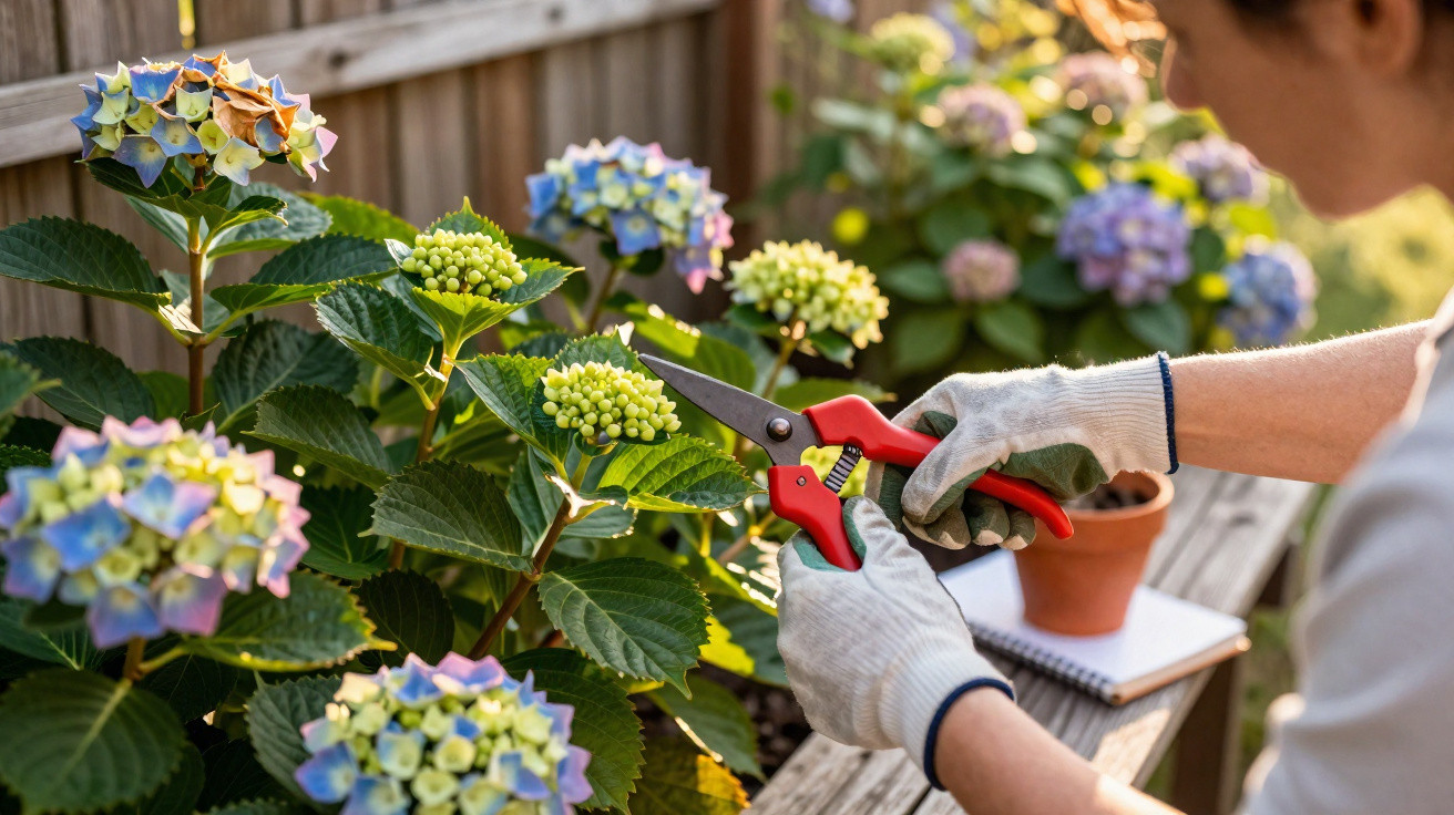 Personne taillant des hortensias en fleurs avec un sécateur dans un jardin ensoleillé.