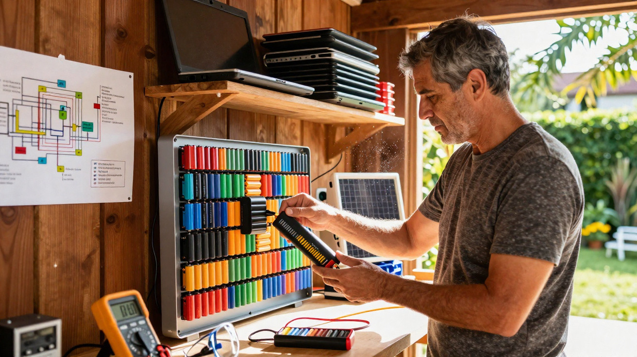 Homme observant un tableau mural de batteries colorées dans un atelier ensoleillé avec outils électroniques.