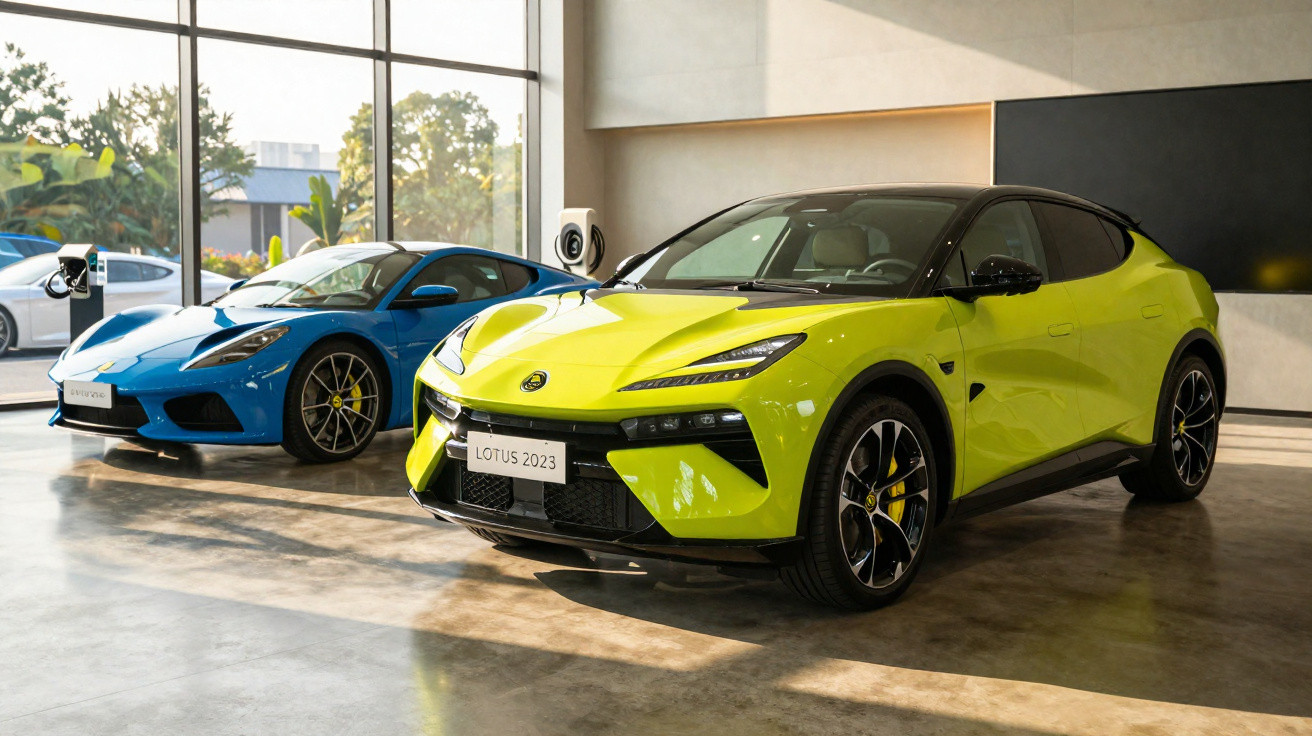 Deux voitures Lotus neuves, une sportive bleue et un SUV vert, exposées dans un showroom lumineux.