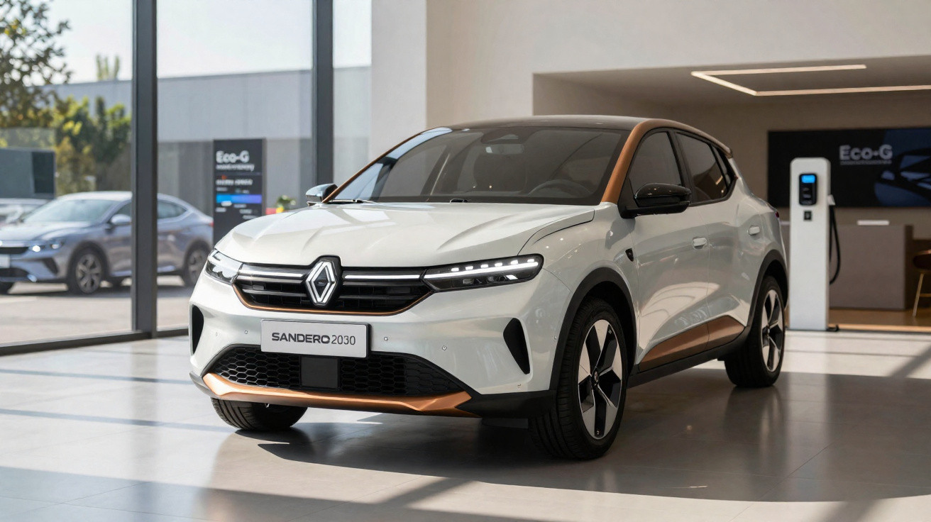 Voiture Renault Sandero 2030 blanche avec détails cuivre exposée dans un showroom moderne lumineux.