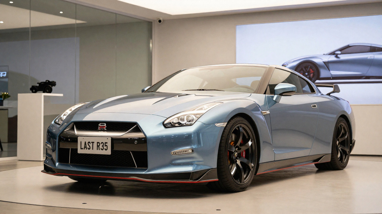 Voiture de sport Nissan GT-R R35 bleue exposée en intérieur avec plaque d'immatriculation "LAST R35".