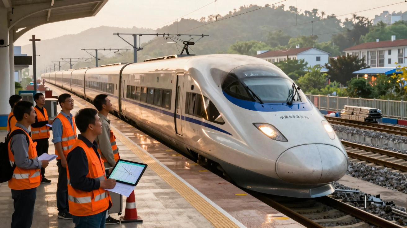 Un train à grande vitesse arrêté en gare, avec des techniciens en gilets orange sur le quai au coucher du soleil.